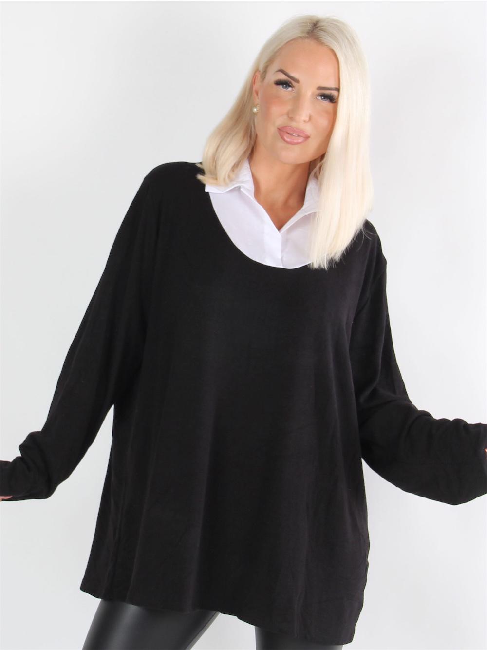 Amani - Armygrøn blød strikbluse med hvid skjortekrave